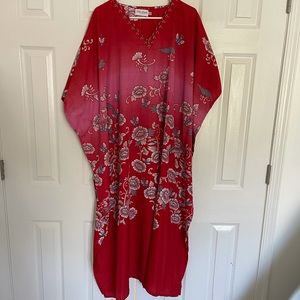 Woman’s red floral kaftan home dress light lovely material size large